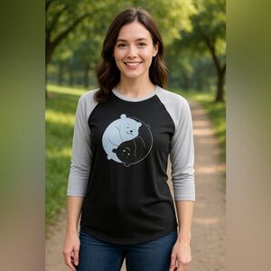 LuLaRoe Multicolor Yin Yang Bears Randy Shirt Black, Light Gray & Blue Size XS